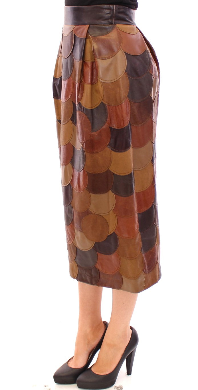 Jupe droite en cuir marron à motifs patchwork de Dolce & Gabbana