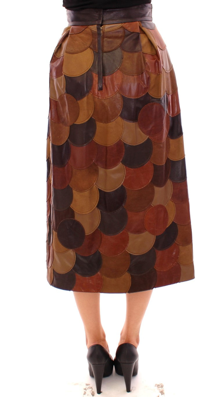 Jupe droite en cuir marron à motifs patchwork de Dolce & Gabbana
