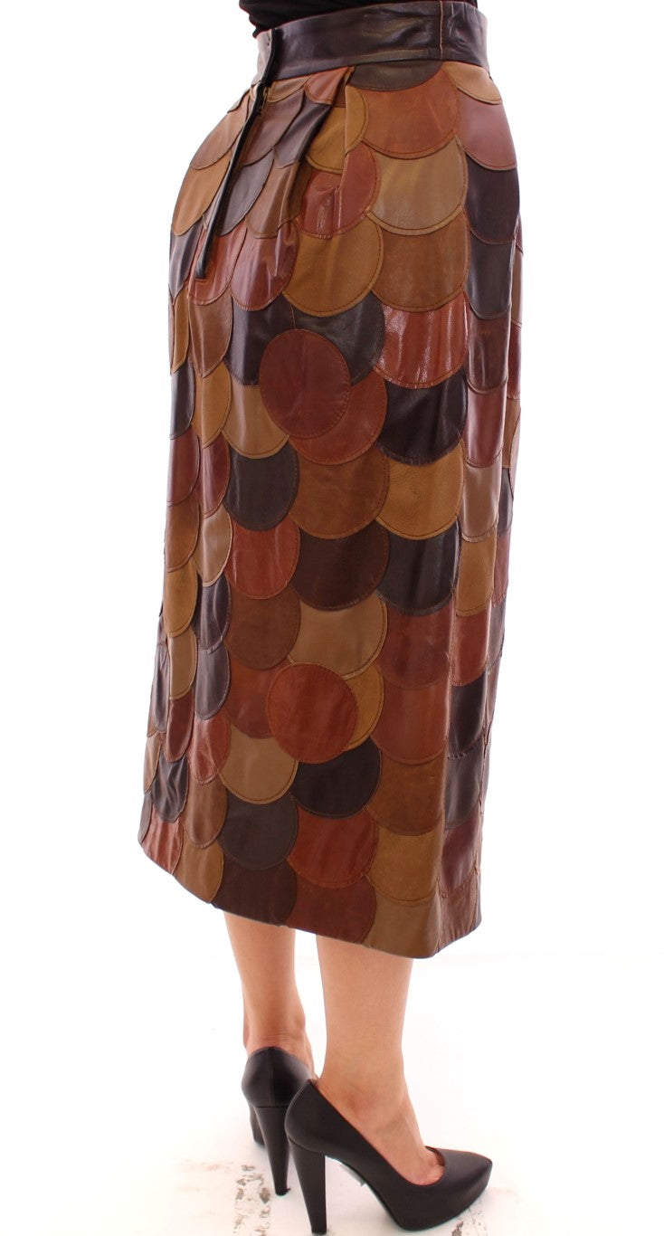 Jupe droite en cuir marron à motifs patchwork de Dolce &amp; Gabbana