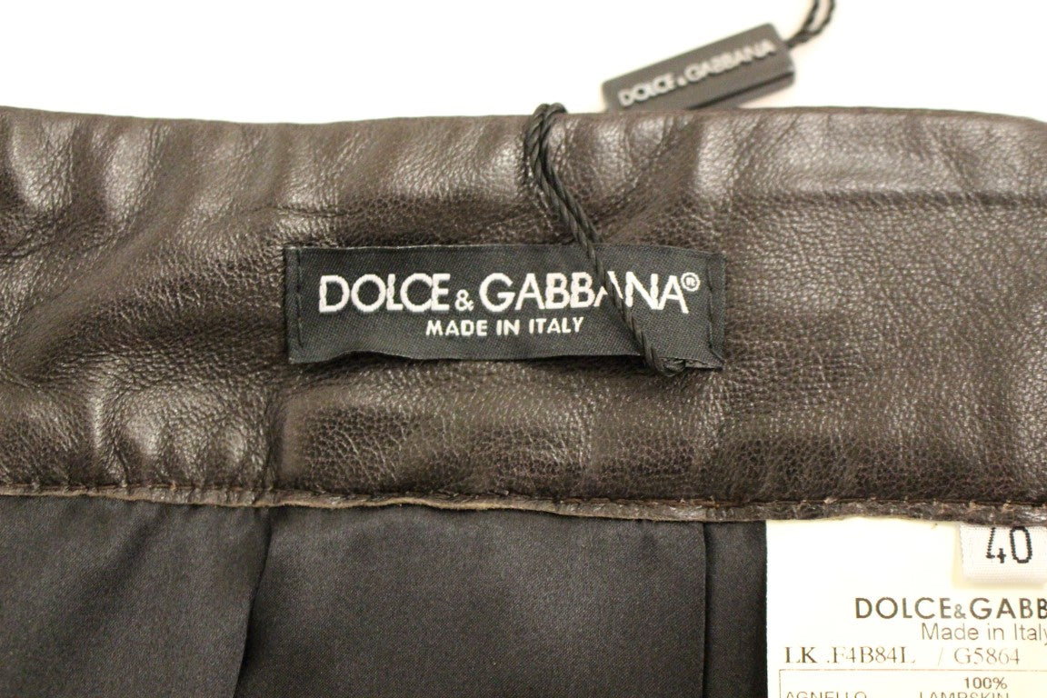Jupe droite en cuir marron à motifs patchwork de Dolce & Gabbana