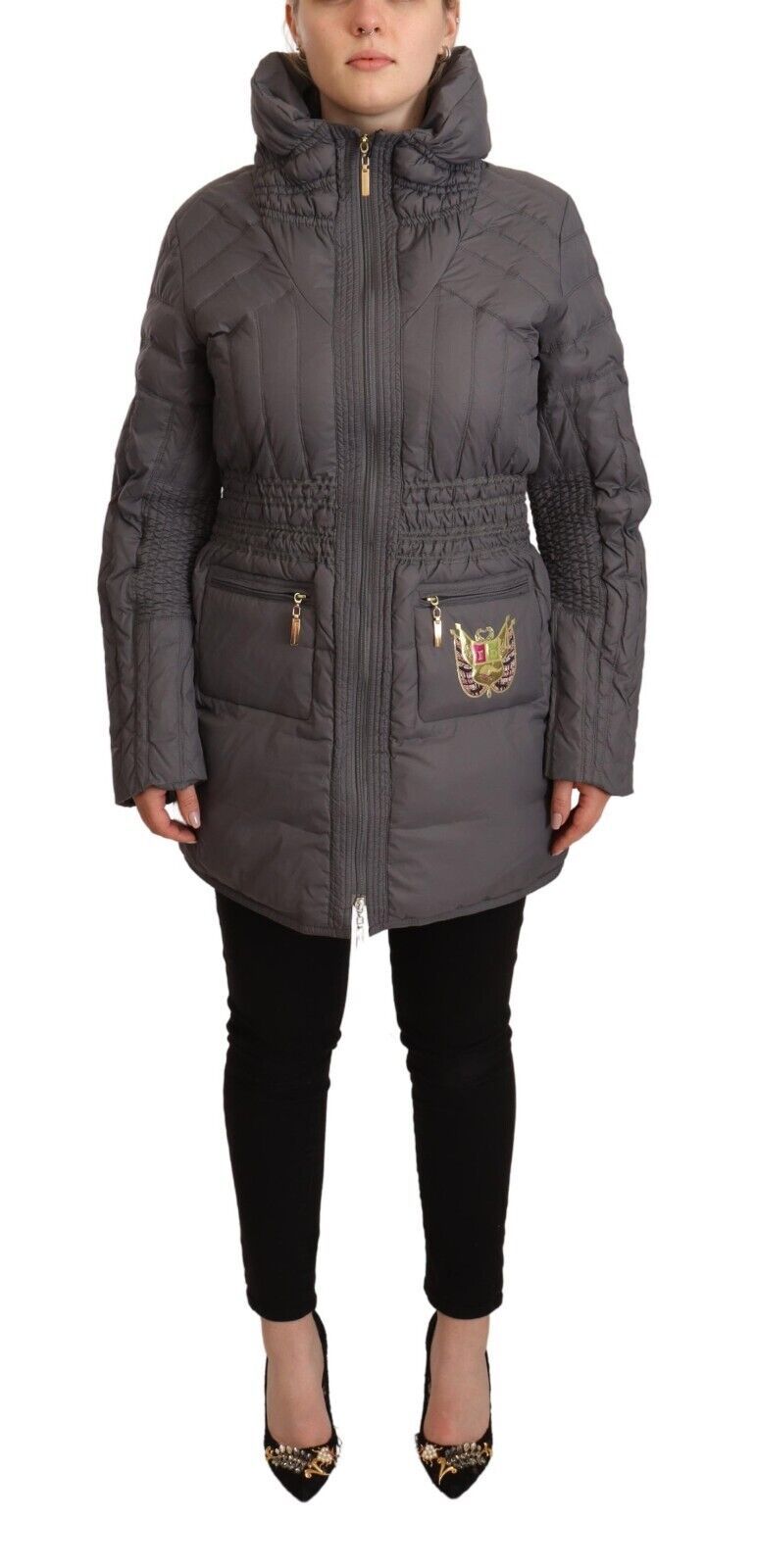 Roccobarocco Veste Grise Matelassée à Manches Longues avec Logo