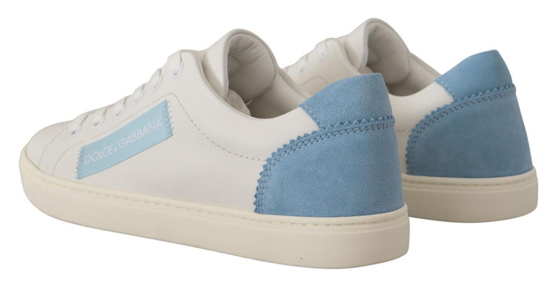 Dolce & Gabbana White Blue Leather Low Top Sneakers