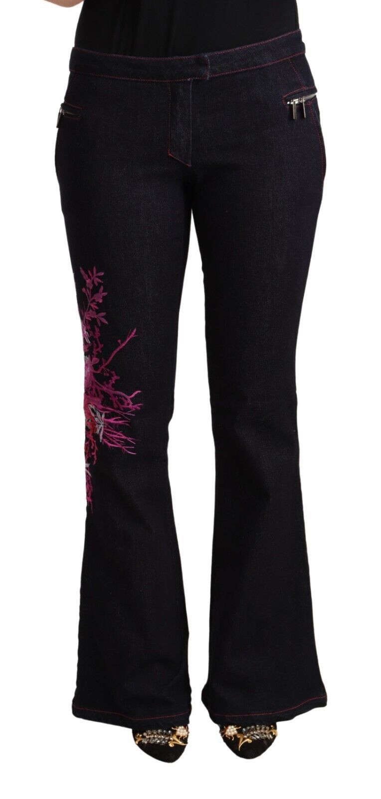 Exte Black Cotton Mid Waist Flared Jeans