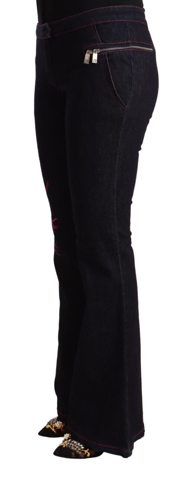 Exte Black Cotton Mid Waist Flared Jeans