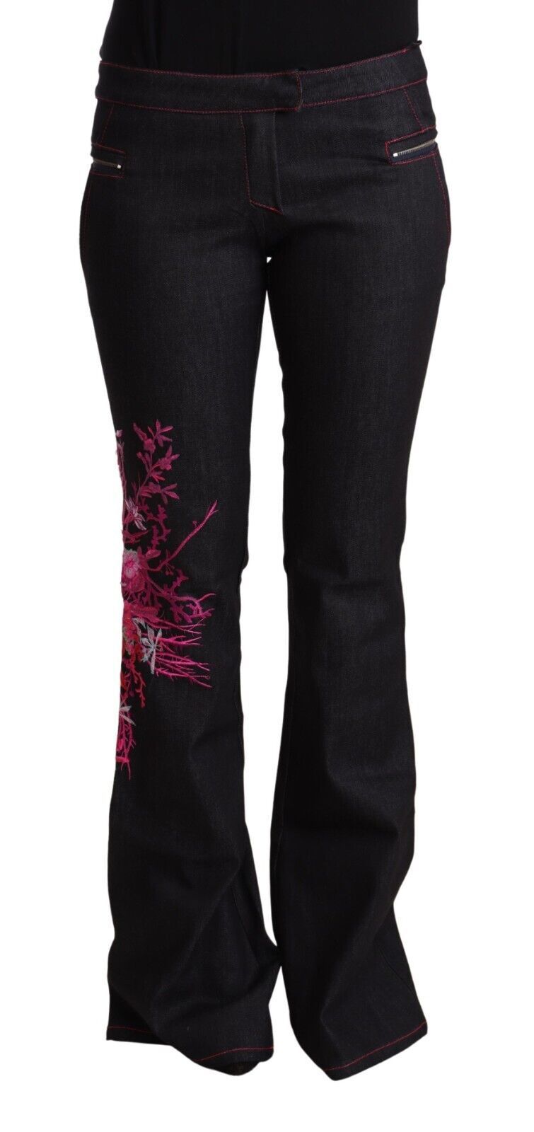 Exte Jeans Flared Noir en Coton Élastique Taille Mi-Haute