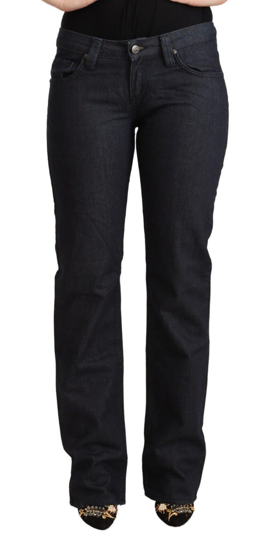 Exte donkerblauwe, rekbare katoenen, rechte jeans met lage taille.