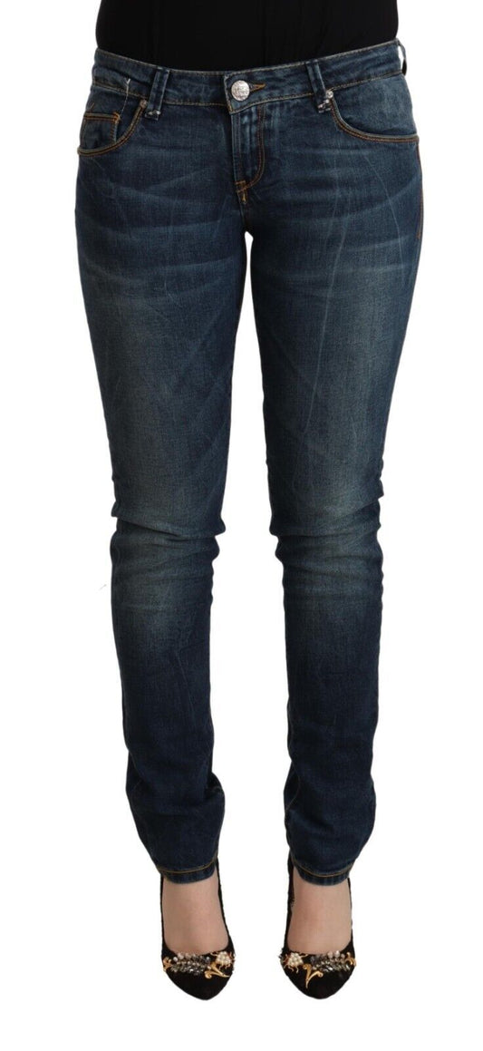 Jeans slim taille basse en coton délavé bleu Acht