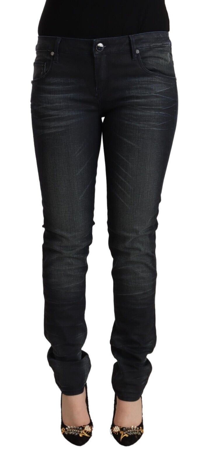 Jeans slim taille basse en coton noir délavé Acht