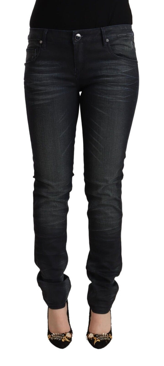 Jeans slim taille basse en coton noir délavé Acht