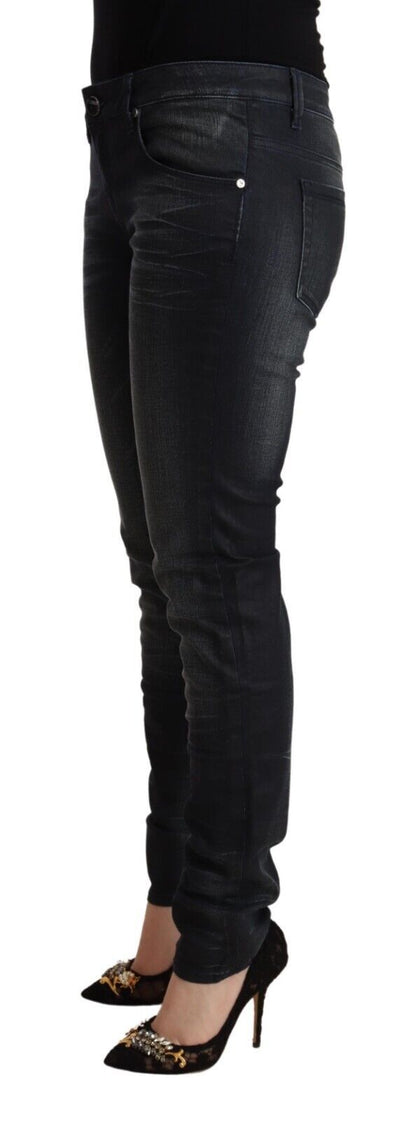 Jeans slim taille basse en coton noir délavé Acht