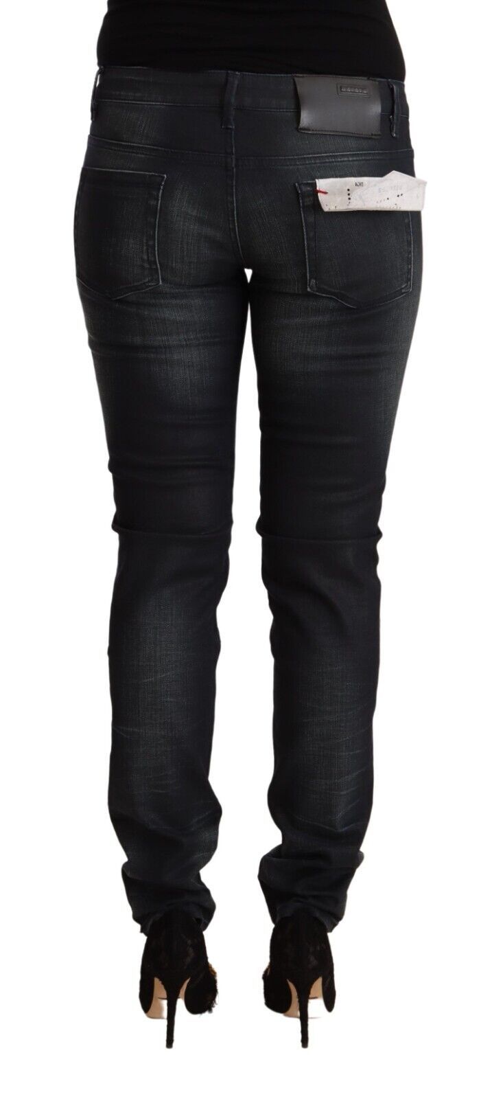 Jeans slim taille basse en coton noir délavé Acht