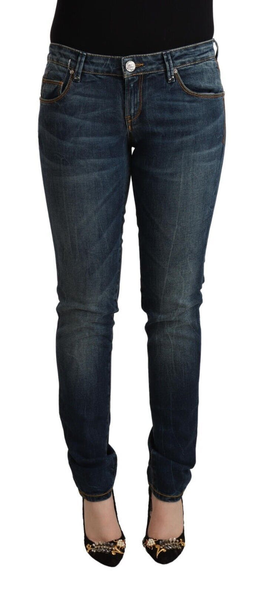 Jeans en coton délavé bleu, taille basse, coupe slim Acht