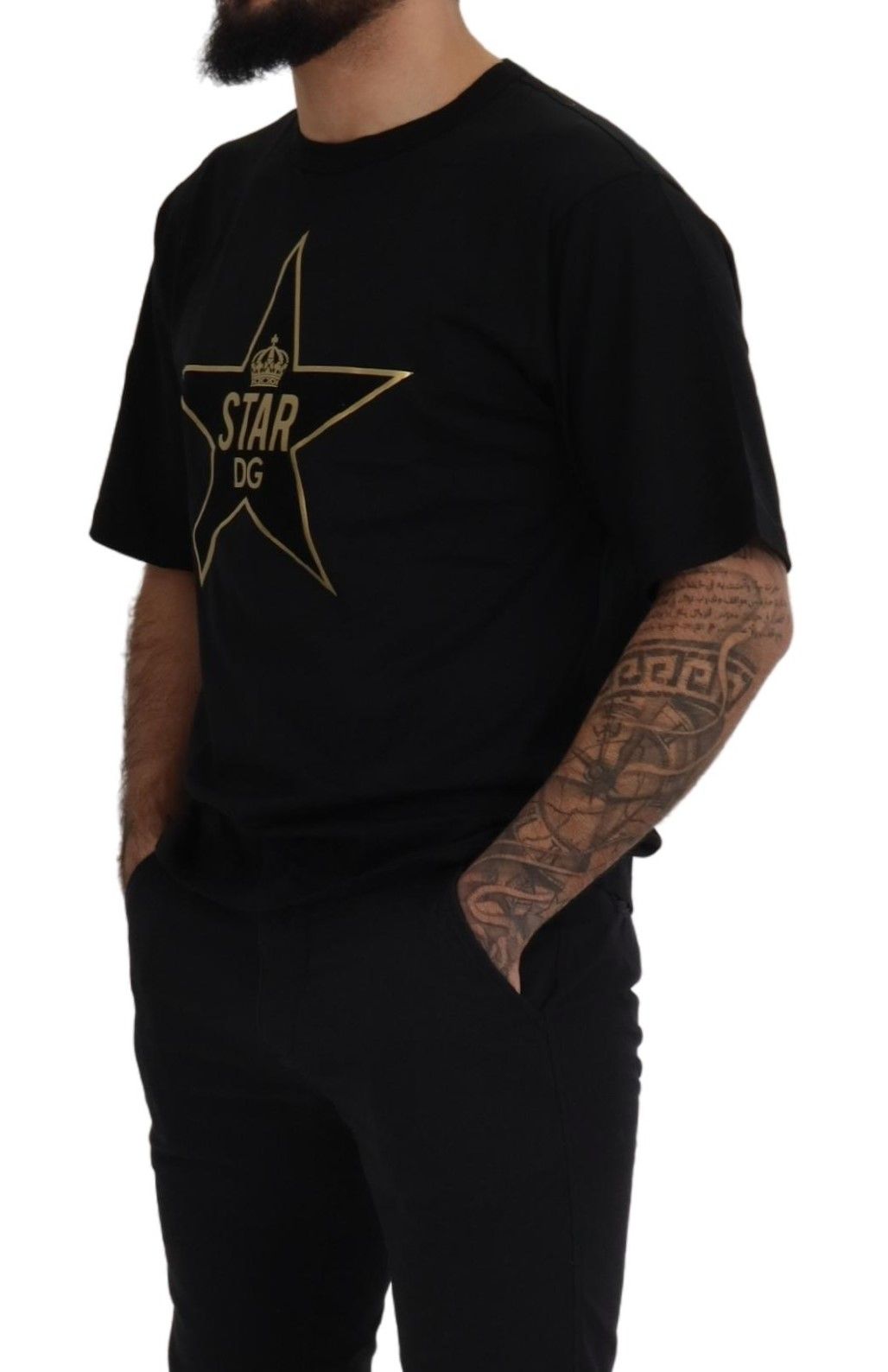 T-shirt en coton à col rond Dolce &amp; Gabbana noir et or avec couronne DG et étoile.