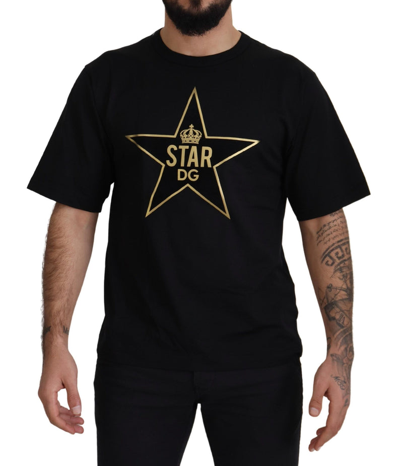 T-shirt en coton à col rond Dolce &amp; Gabbana noir et or avec couronne DG et étoile.