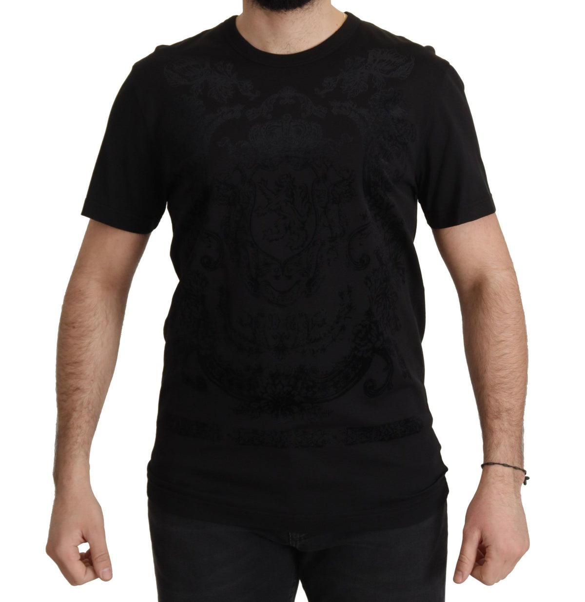T-shirt à col rond en coton noir avec motif baroque DG de Dolce &amp; Gabbana
