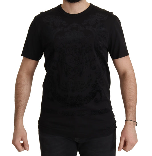 T-shirt à col rond en coton noir avec motif baroque DG de Dolce & Gabbana