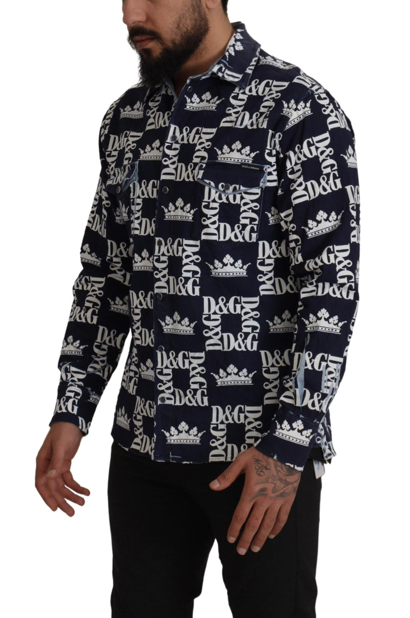 Dolce &amp; Gabbana Blauw Denim Stretch DG Crown Logo Casual Overhemd