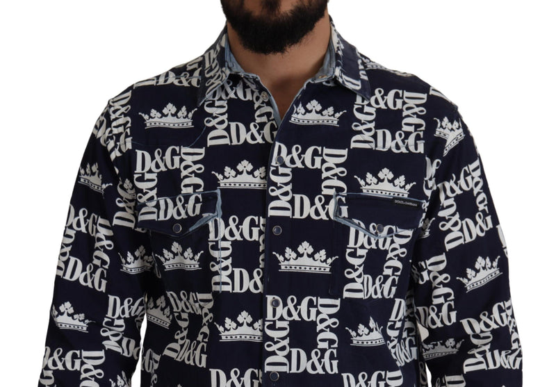 Dolce &amp; Gabbana Blauw Denim Stretch DG Crown Logo Casual Overhemd