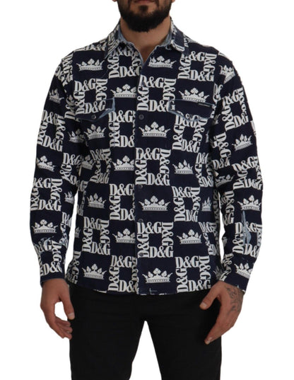 Chemise décontractée en jean extensible bleu avec logo DG Crown de Dolce & Gabbana