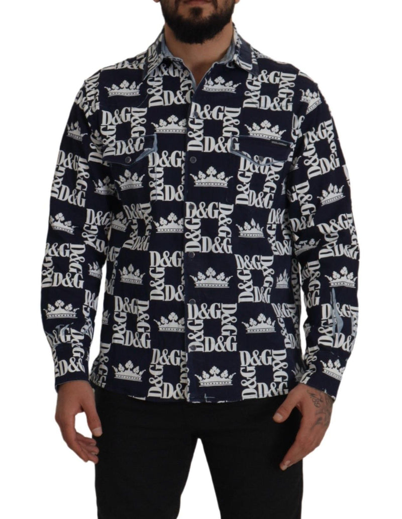 Dolce &amp; Gabbana Blauw Denim Stretch DG Crown Logo Casual Overhemd
