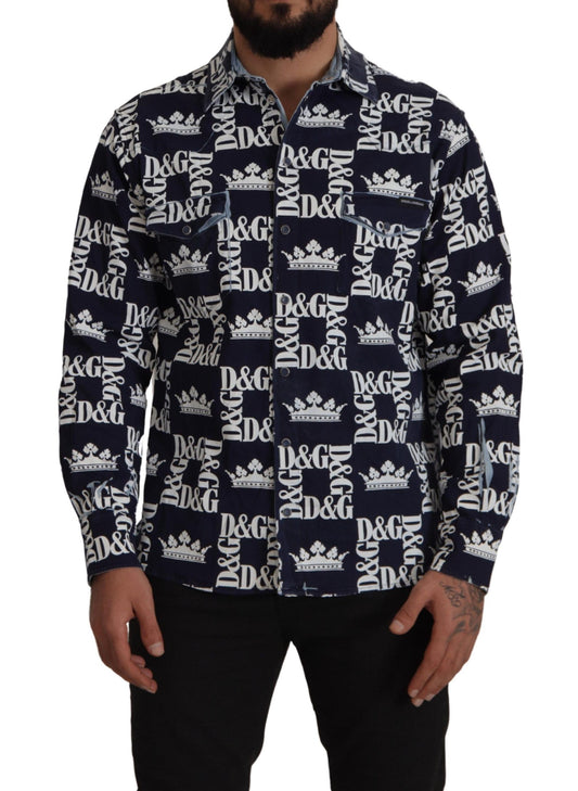 Chemise décontractée en jean extensible bleu avec logo DG Crown de Dolce & Gabbana