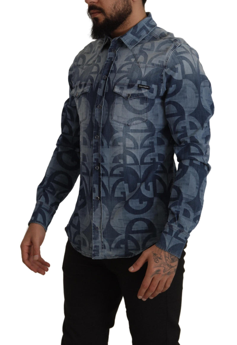 Dolce &amp; Gabbana Blauw Stretch Denim DG Logo Casual Slim Fit Hemd voor Heren