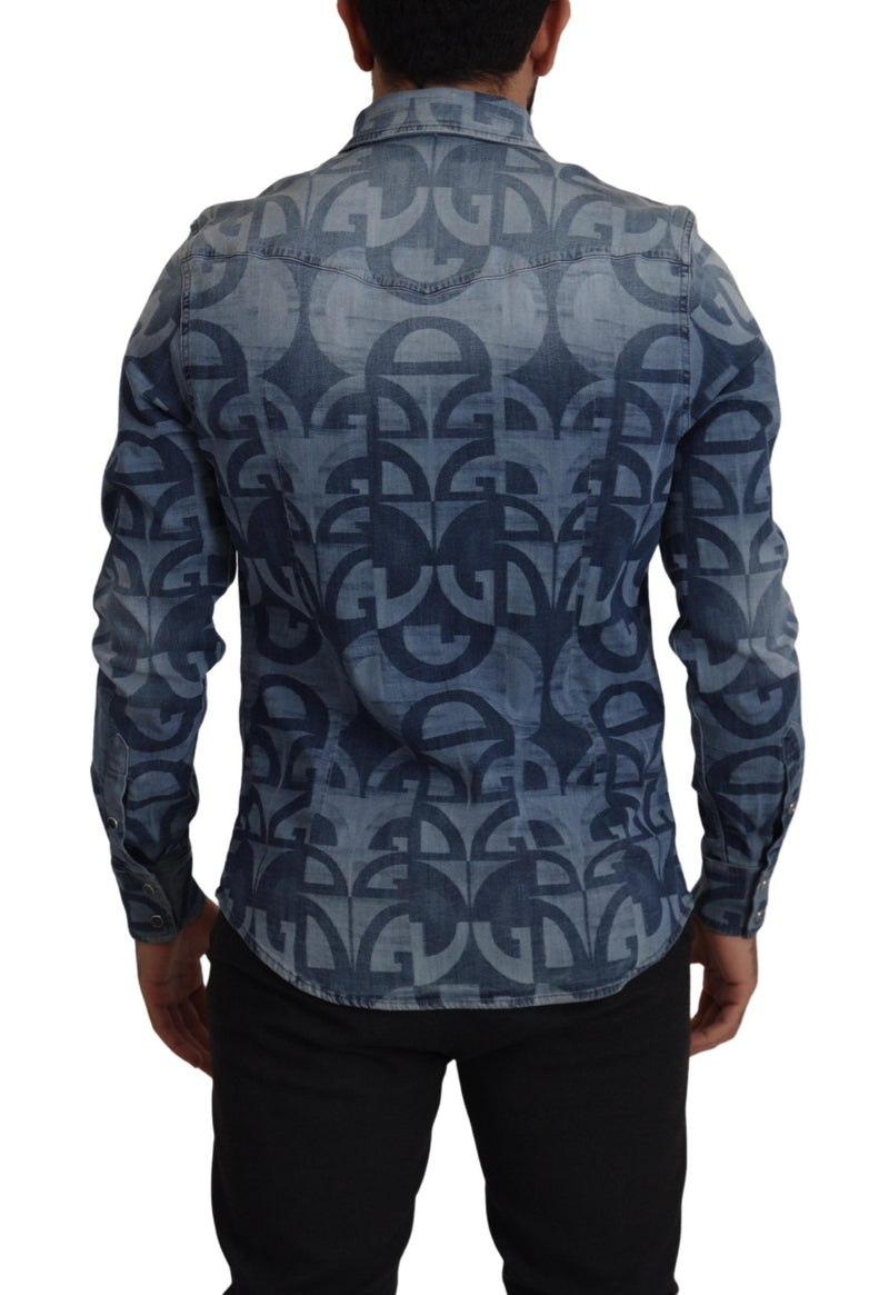 Dolce &amp; Gabbana Blauw Stretch Denim DG Logo Casual Slim Fit Hemd voor Heren