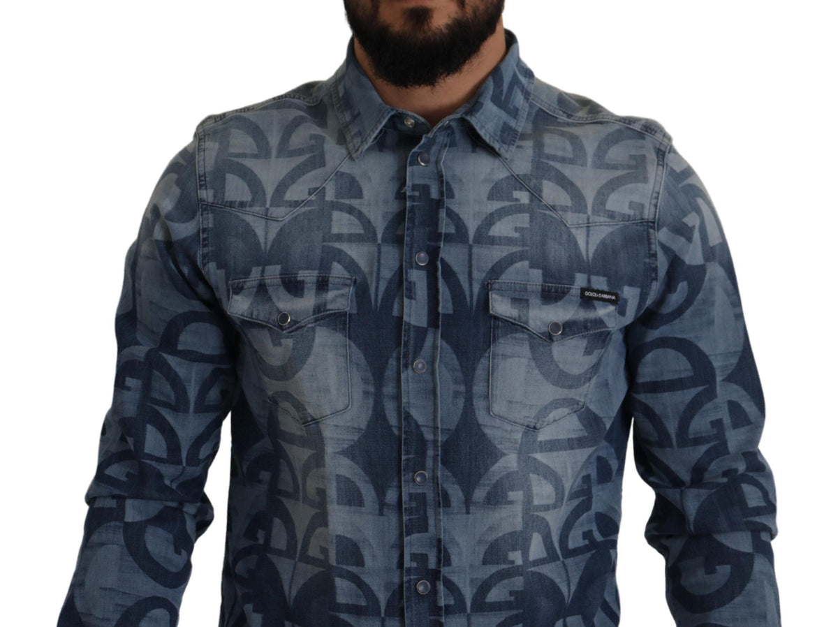 Chemise homme slim décontractée en jean extensible bleu avec logo DG de Dolce &amp; Gabbana