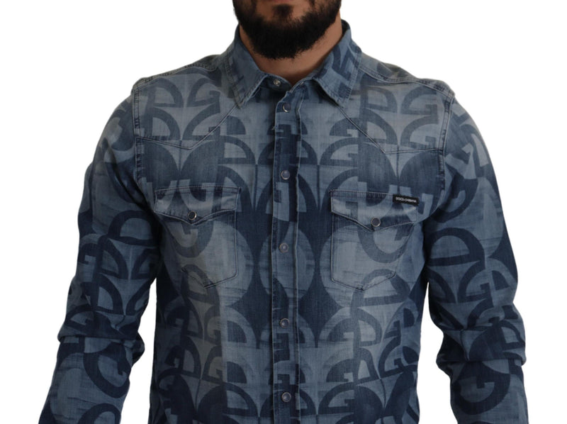 Dolce &amp; Gabbana Blauw Stretch Denim DG Logo Casual Slim Fit Hemd voor Heren