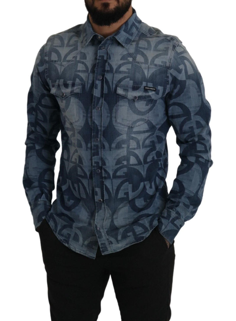 Dolce &amp; Gabbana Blauw Stretch Denim DG Logo Casual Slim Fit Hemd voor Heren
