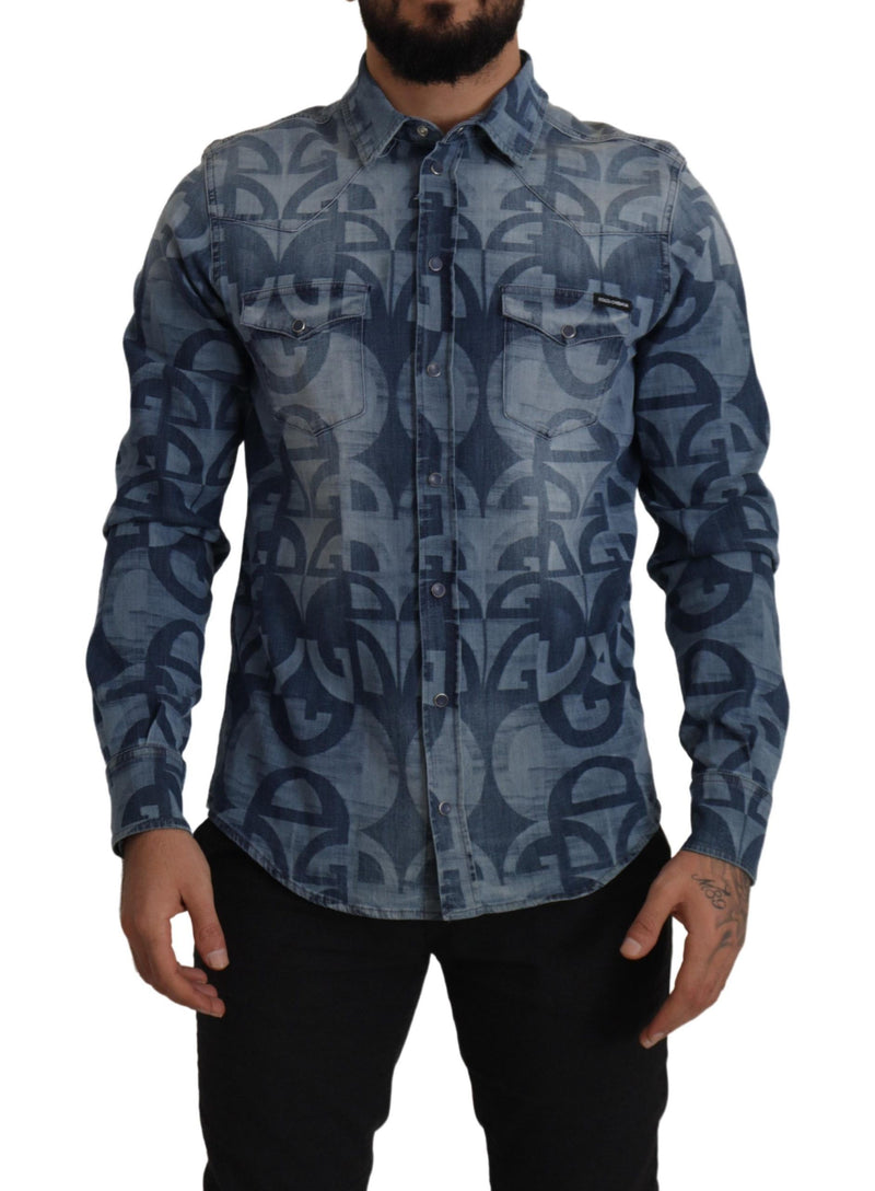 Dolce &amp; Gabbana Blauw Stretch Denim DG Logo Casual Slim Fit Hemd voor Heren