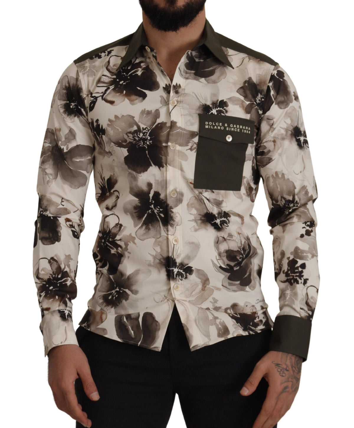 Chemise exclusive en coton extensible à motifs floraux vert et beige de Dolce &amp; Gabbana