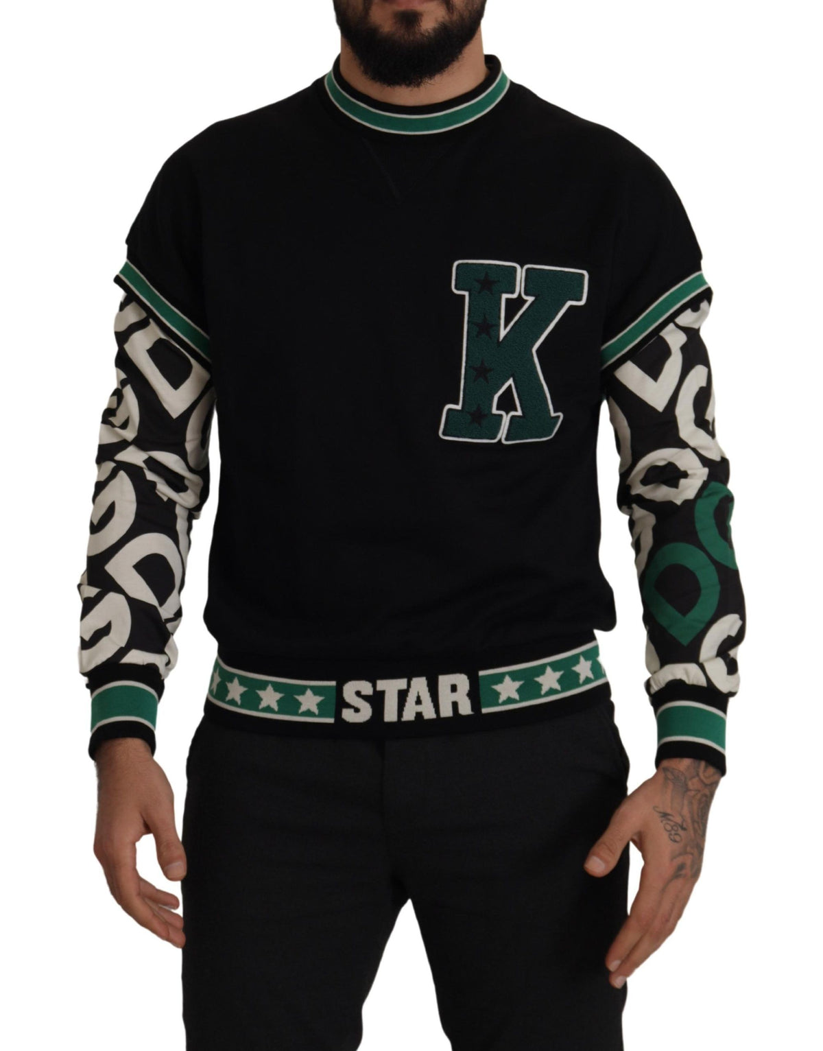Pull en coton noir et vert KING Star à col rond de Dolce &amp; Gabbana