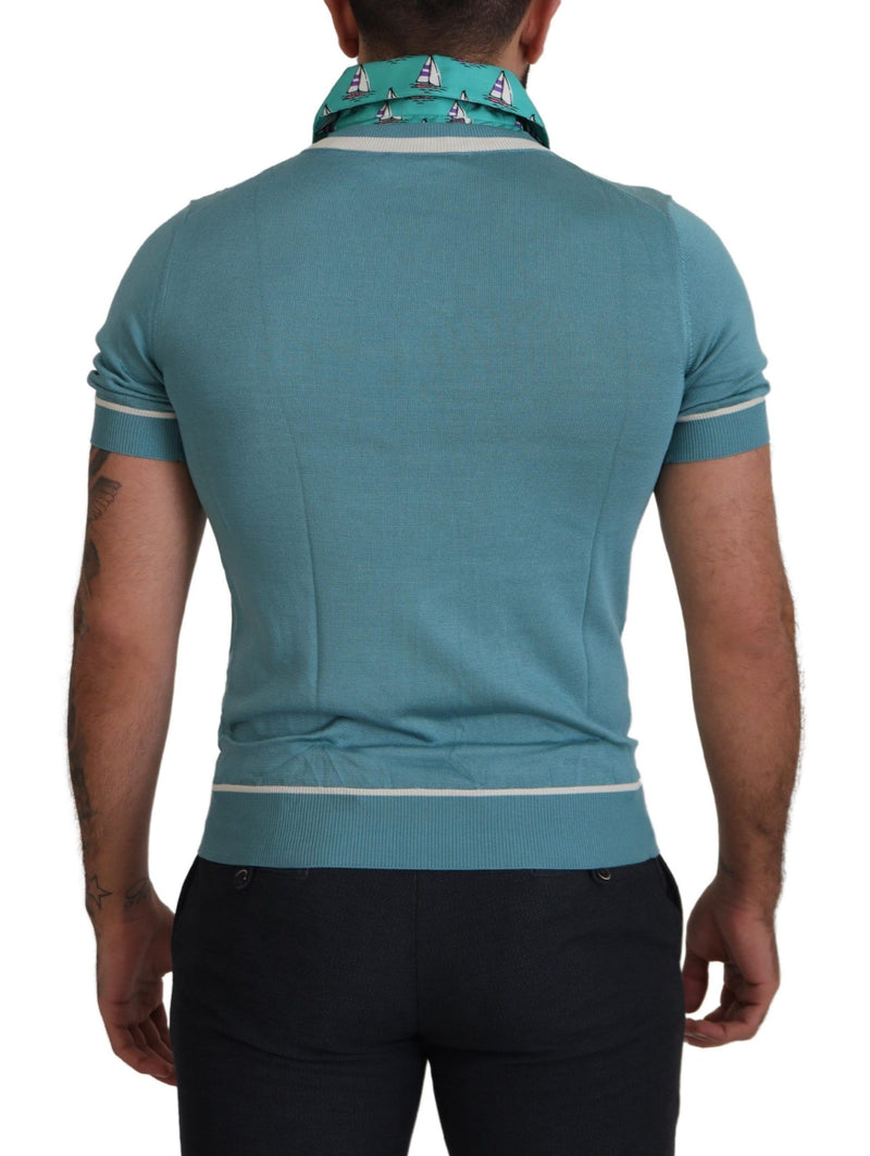 Dolce &amp; Gabbana Blauwe Zijden Poloshirt Heren V-Hals T-shirt