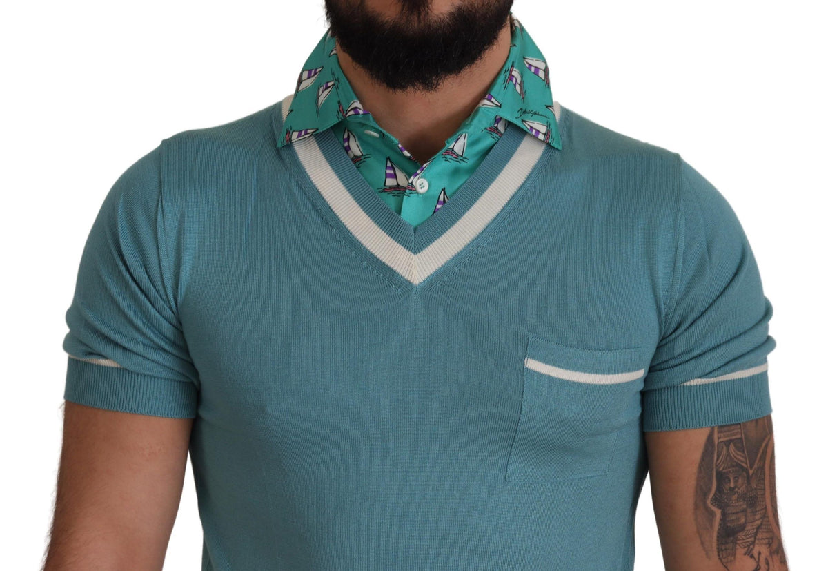 Polo en soie bleu Dolce &amp; Gabbana pour homme, col en V.