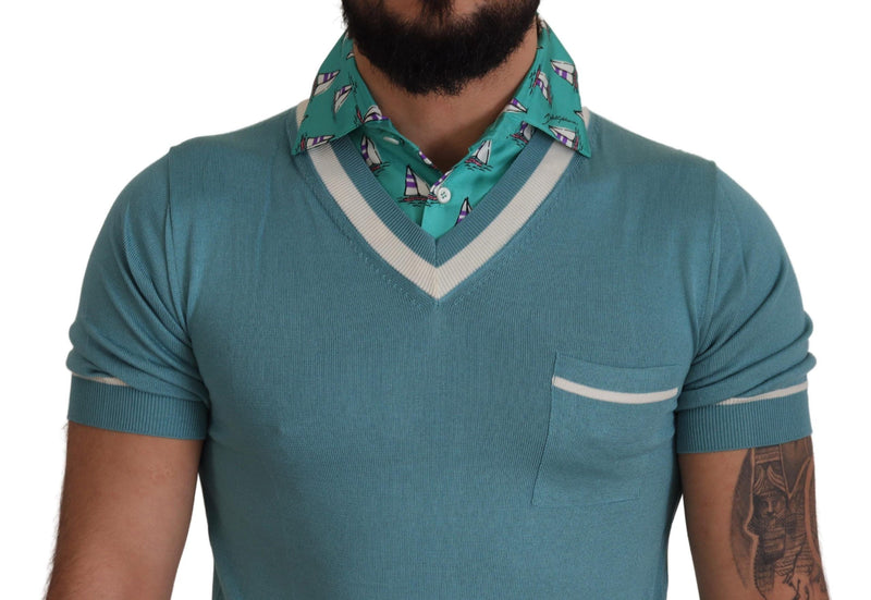 Dolce &amp; Gabbana Blauwe Zijden Poloshirt Heren V-Hals T-shirt