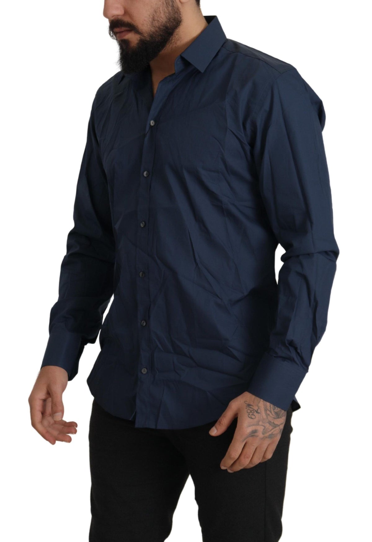 Chemise de ville à manches longues MARTINI en coton bleu, coupe ajustée, de Dolce &amp; Gabbana.