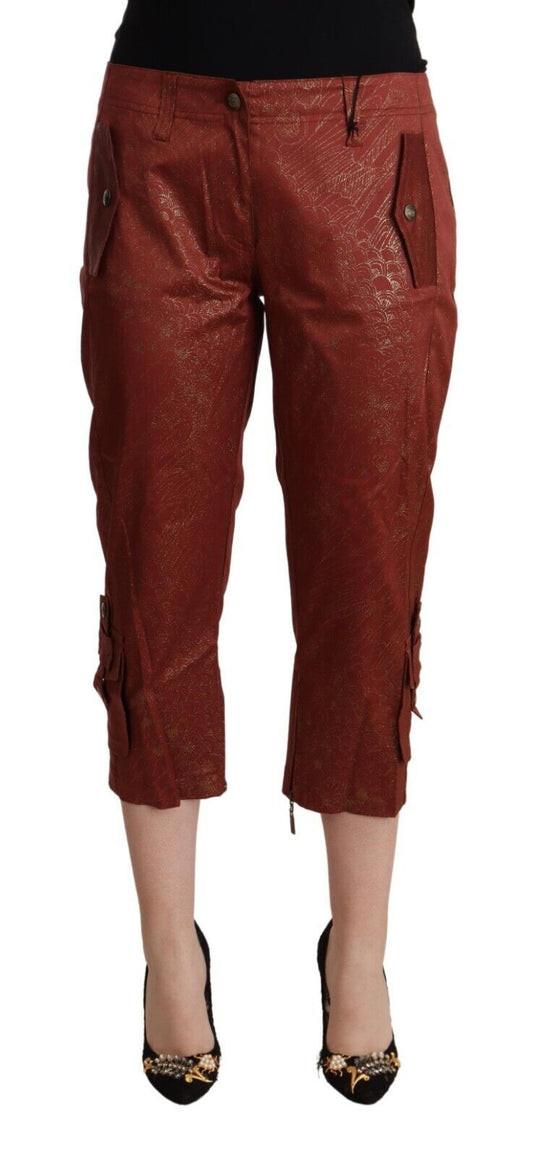 Pantalon capri croisé en coton Just Cavalli, taille mi-hauteur, brun et lurex.
