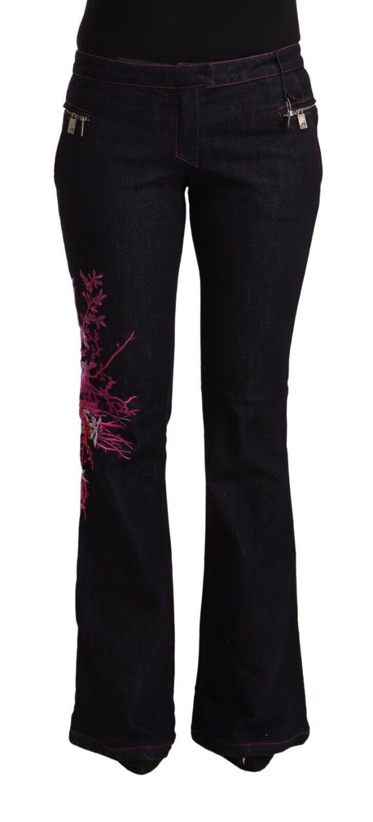 Exte Black Cotton Stretch Mid Waist Flared Denim Jeans