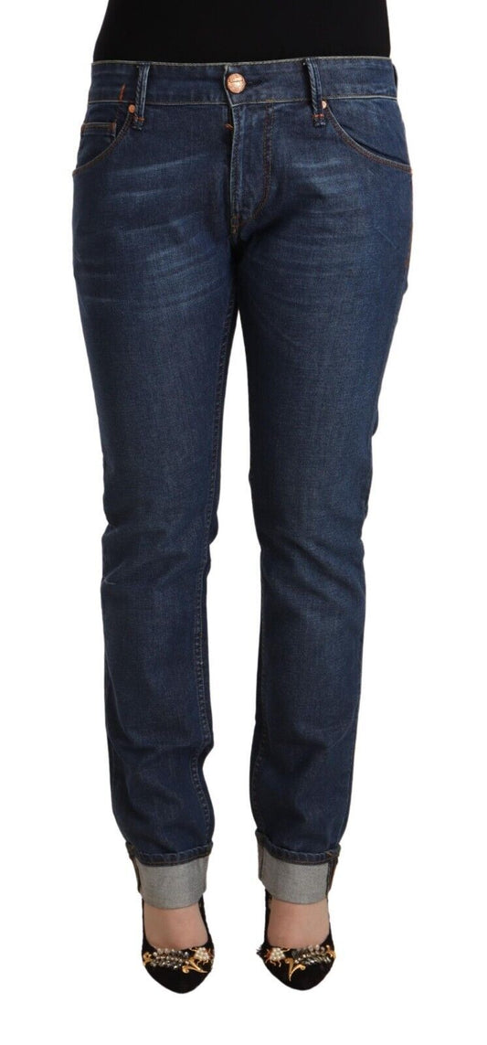 Jeans en coton bleu foncé à coupe slim et ourlet retroussé Acht
