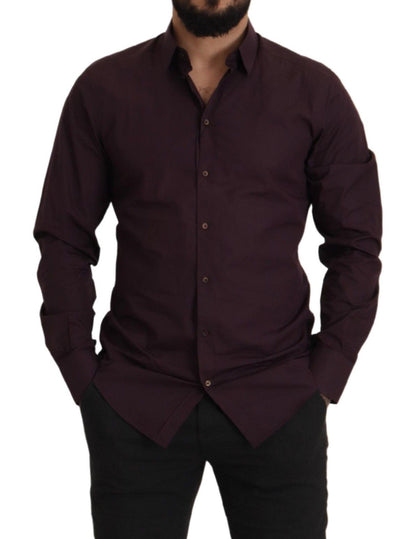 Chemise habillée à manches longues en coton violet, coupe slim, dorée, Dolce & Gabbana.