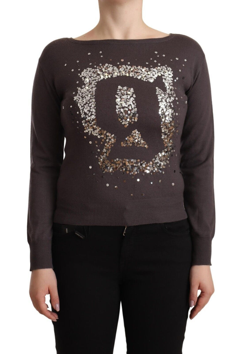 John Galliano Brown Wool Sequined Long Sleeve Pullover Sweater