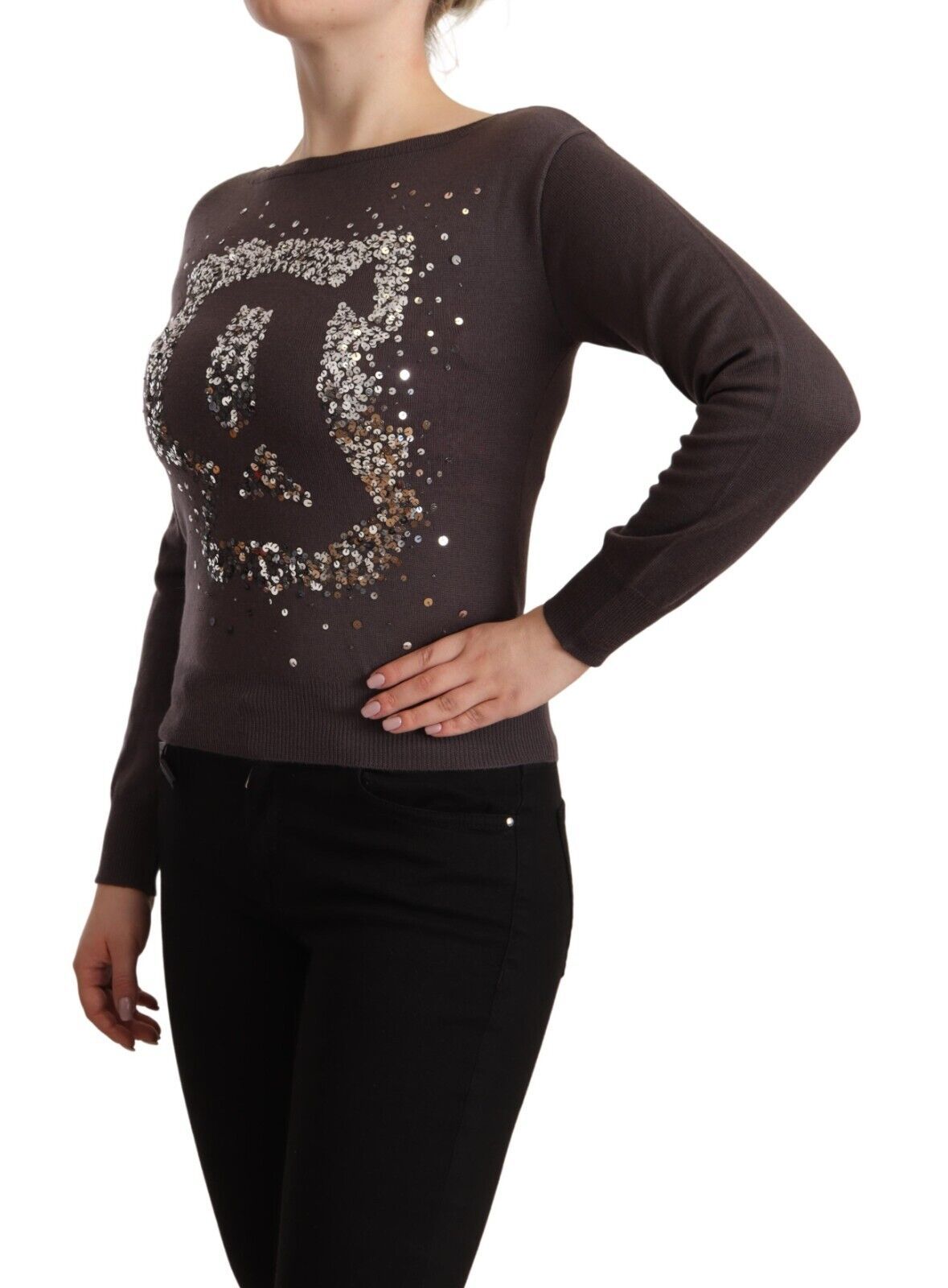 John Galliano Brown Wool Sequined Long Sleeve Pullover Sweater