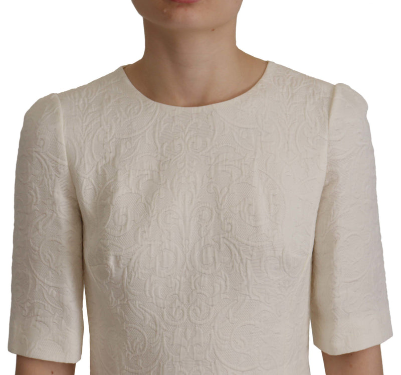 Dolce & Gabbana White Jacquard Midi Floral Sheath Brocade Dress