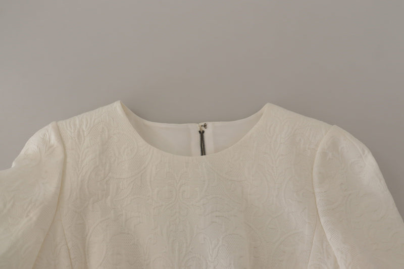 Dolce & Gabbana White Jacquard Midi Floral Sheath Brocade Dress