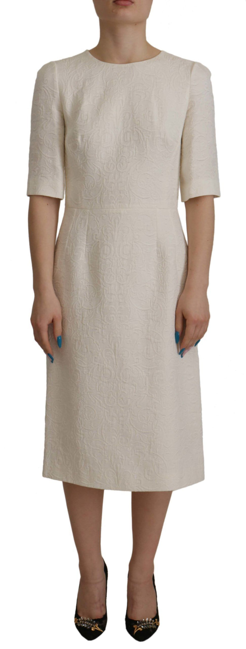 Dolce & Gabbana White Jacquard Midi Floral Sheath Brocade Dress