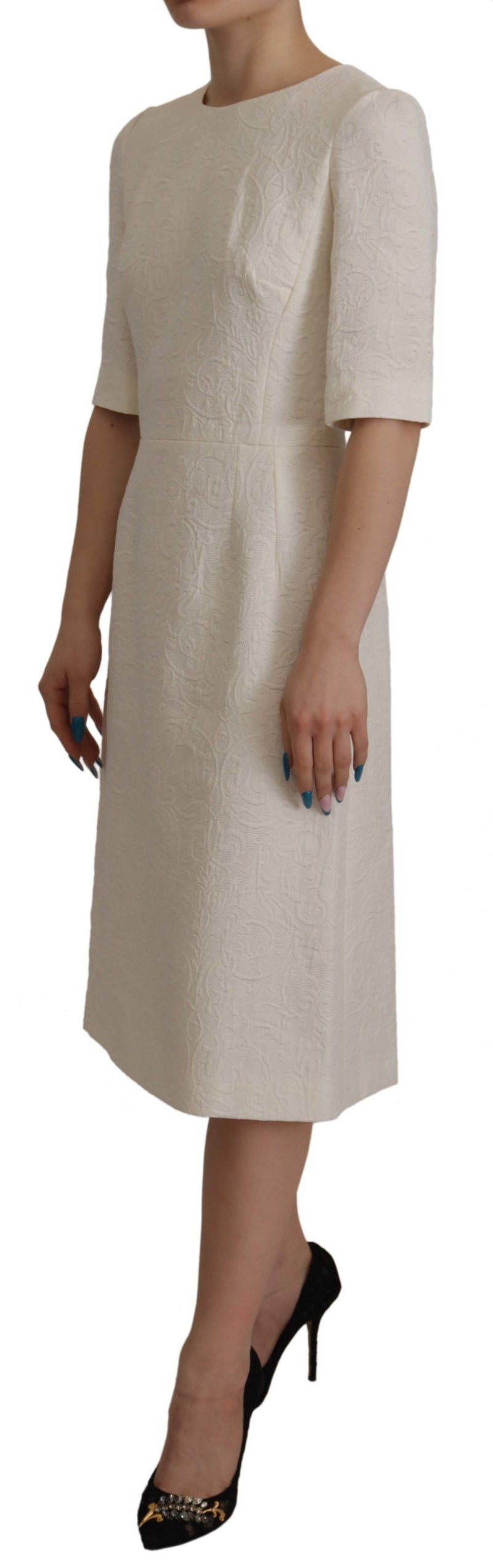 Dolce & Gabbana White Jacquard Midi Floral Sheath Brocade Dress