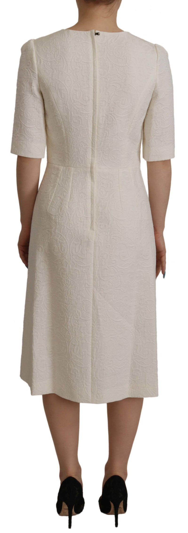 Dolce & Gabbana White Jacquard Midi Floral Sheath Brocade Dress