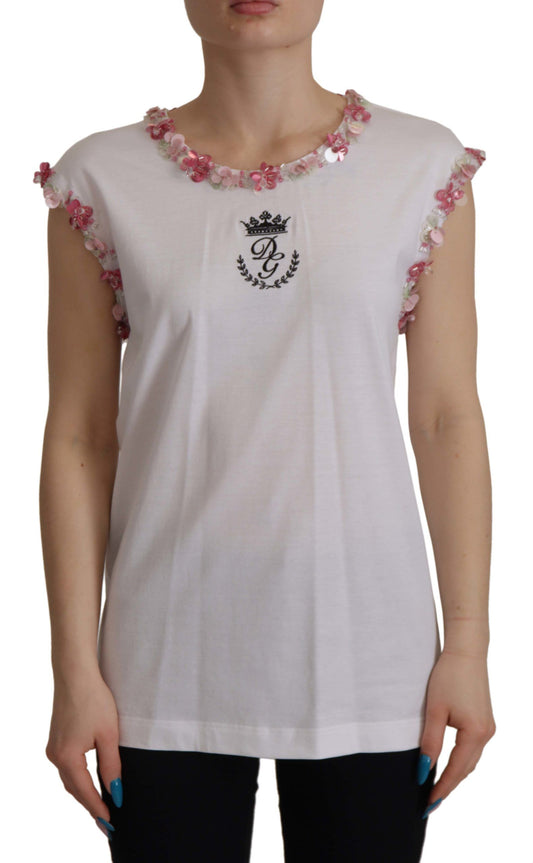 Dolce & Gabbana wit DG Crown bloemmotief pailletten T-shirt