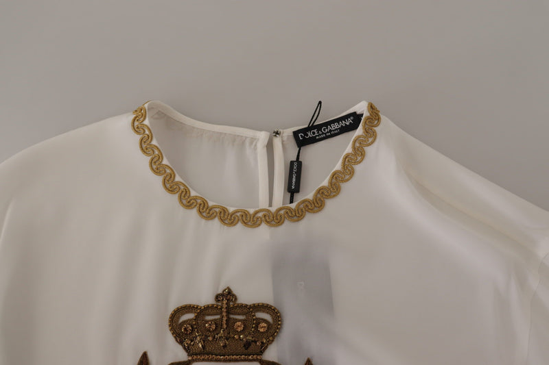 Dolce & Gabbana White Silk Gold DG Crown Crystal Blouse Top